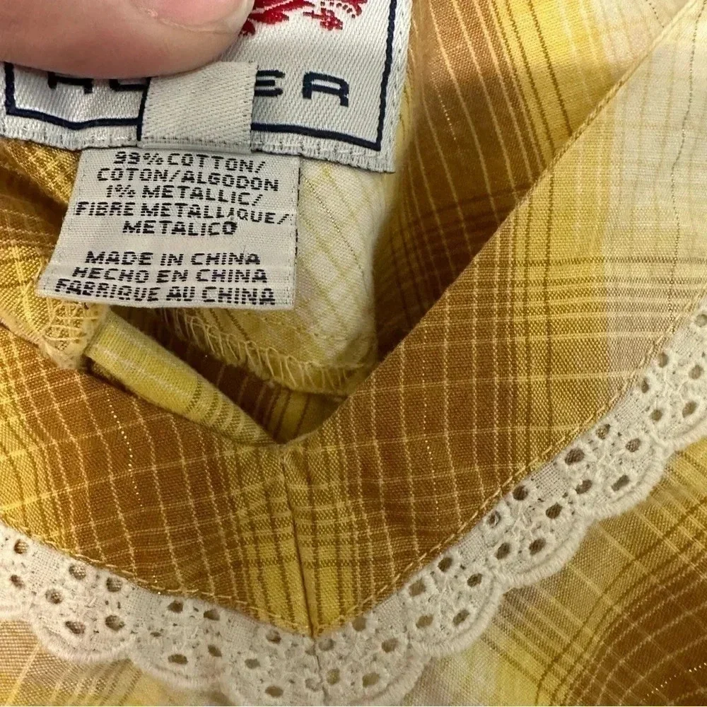 Roper Yellow Plaid Spaghetti Strap with Lace Detail Blouse Size Large